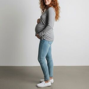 BBHoping Maternity Long Sleeve Top Size XL Gray Stretch Ruched Pregnancy Shirt